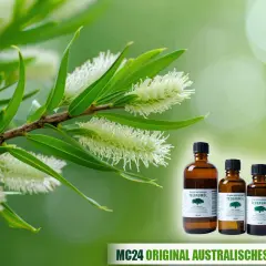 Australisches Teebaumöl in Flaschen, neben einem Zweig mit weißen Blüten. Die Wirkung von Teebaumöl auf die Psyche ist vielfältig.