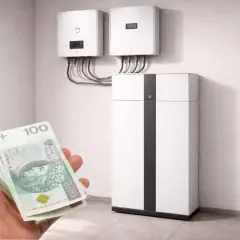 Inwestycja w mój prąd magazyn energii to oszczędność. Stos pieniędzy w dłoni obok nowoczesnego magazynu energii i falowników.