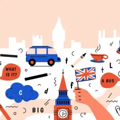 Ilustracja z elementami Londynu i symbolami nauki angielskiego. Idealne materiały do słuchania po angielsku dla początkujących.