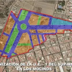 Plano de urbanización en Los Molinos, Almería, con zonas verdes, residenciales y equipamientos.