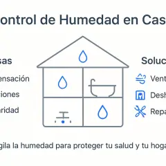 Diagrama de casa con causas (condensación, filtraciones, capilaridad) y soluciones (ventilación, deshumidificar, reparaciones) para el tratamiento de humedades en viviendas.