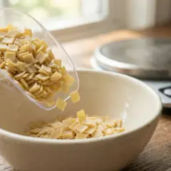 Une louche verse des crozets dans un bol. La question est : combien de crozets pour 4 personnes ? Une balance est visible en arrière-plan.