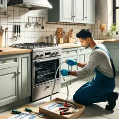 Mężczyzna w niebieskim kombinezonie podłącza kuchenkę gazową w kuchni w bloku. W pudełku narzędzia i wąż.