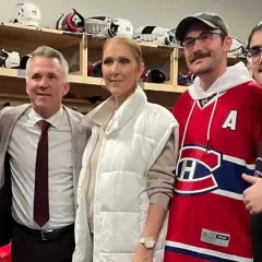 Celine Dion z synami w szatni hokejowej.
