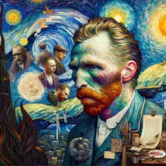 En färgsprakande hyllning till Vincent van Gogh, med hans ikoniska ansikte i förgrunden mot en virvlande stjärnhimmel. Målningen visar scener från hans liv och konst.