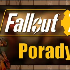 Postapokaliptyczny wojownik w pancerzu wspomaganym z gry Fallout 76. Obok logo gry i napis "Porady" - idealny do każdego fallout 76 poradnik.