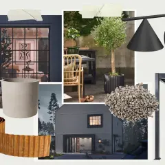 Inspirationsbild för utomhusmiljö med fokus på svenska designklassiker: krukor, belysning, pergolamaterial och en modern villa.