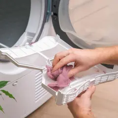 Hände entfernen Flusen aus dem trockner filter reinigen. Regelmäßige Reinigung sorgt für effizientes Trocknen.