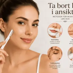 Kvinna rakar ansiktet med en liten hyvel. Bilden visar metoder för hårborttagning, inklusive vaxning, threading och laser, för mjuk och len hud.