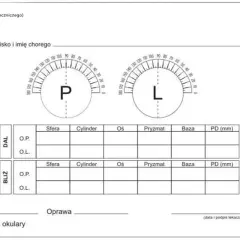 Formularz recepty na okulary z polami do wpisania danych pacjenta, parametrów soczewek do dali i bliży, oraz miejscem na szkła i oprawę.