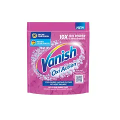 Opakowanie Vanish Oxi Action z różowym wzorem, bąbelkami i napisem "10X Oxi Power".