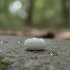 Biała tabletka z napisem LAM 25 leży na kamieniu porośniętym mchem, otoczona kroplami wody.