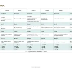 Tygodniowy plan żywieniowy dieta 1400 kcal: od śniadania po kolację, z podziałem na posiłki i kaloryczność.