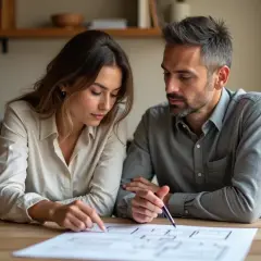 Couple examine plans, discussing their future home and the potential transfert ptz.