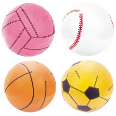 Cztery dmuchane piłki: różowa siatkarska, biała baseballowa, pomarańczowa do koszykówki i żółta piłka nożna.