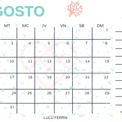 Calendario de agosto con diseño de burbujas y elementos marinos.