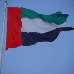 Flaga Zjednoczonych Emiratów Arabskich powiewa na maszcie na tle błękitnego nieba.