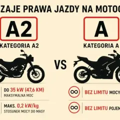 Porównanie kategorii A2 i A prawa jazdy na motocykl. A2 to motocykle do 35 kW, A to bez limitu mocy i pojemności.