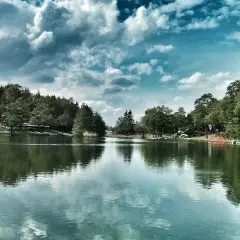 Un lago tranquillo circondato da alberi verdi, con nuvole drammatiche nel cielo. Un'oasi di pace tra i laghi dell'Emilia Romagna.