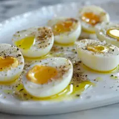 Œufs durs coupés en deux, arrosés d'huile d'olive et saupoudrés de poivre. Un délice, même si l'un d'eux semble un peu trop cuit.