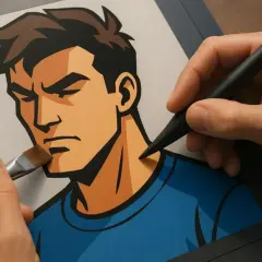 Rysunek postaci z mocnym konturem i charakterystycznym **cell shading**. Dwie ręce tworzą cyfrowy portret, jedna trzyma piórko, druga pędzel.