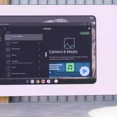 Interfejs Samsung DeX z listą zainteresowań, w tym "Camera & Media" z informacjami o nowościach w Androidzie.