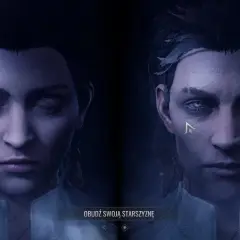 Dwa oblicza wampira w Vampire: The Masquerade. Jedno z zamkniętymi oczami, drugie z otwartymi, ukazujące czerwone oczy i symbol na policzku.