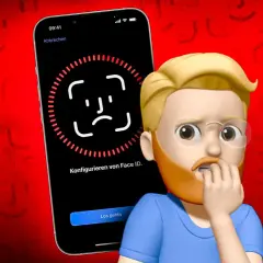 Ein Mann mit Brille und Bart bei der Konfiguration von Face ID. Die rote Hintergrundgrafik zeigt viele kleine Gesichter.
