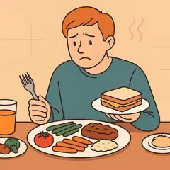Jongen met autisme kijkt sip naar een bord vol groenten en vlees, terwijl hij een boterham vasthoudt. Eten kan een uitdaging zijn.