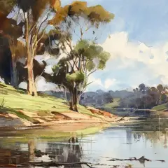 Landschaft am Flussufer, Bäume im warmen Licht, die ocker farbe mischen sich mit Grün und Braun.