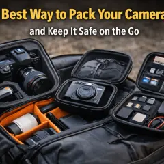 Learn how to pack a camera bag with this organized setup, featuring a DSLR, lenses, a compact camera, and accessories like memory cards and batteries.