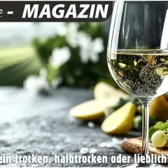 Zwei Gläser Weißwein, vielleicht Riesling trocken oder lieblich, mit Trauben und Obst. Im Hintergrund Weinberge.