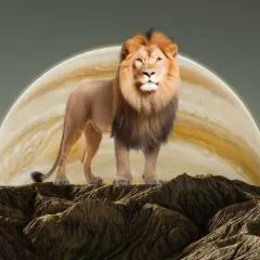 Lew na skalistym pustkowiu, z gazowym olbrzymem przypominającym Uran w Wodniku w tle.