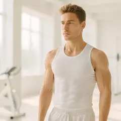 Uomo muscoloso in canottiera bianca in una palestra luminosa, pronto per un allenamento a digiuno.
