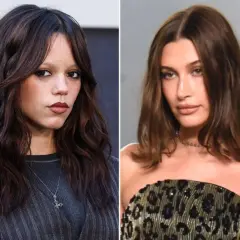 Zwei Frauen mit verschiedenen Haarschnitten: Jenna Ortega mit langen, welligen dunklen Haaren und Hailey Bieber mit schulterlangem, glattem braunem Haar.