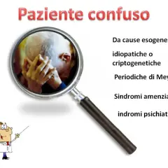 Un anziano con le mani sul volto, simbolo di confusione mentale, analizzato da una lente d'ingrandimento. Elenco di cause: esogene, idiopatiche, criptogenetiche, sindromi.