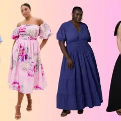 Cztery kobiety plus size w eleganckich sukienkach: błękitnej, w kwiaty, granatowej i czarnej.