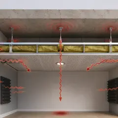 Illustrazione di un sistema di abbattimento acustico con pannelli isolanti e materiali fonoassorbenti che riducono la propagazione del suono.
