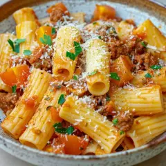 En skål med rigatoni pasta med en mustig salsiccia-sås, toppad med riven parmesan och färsk persilja.