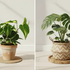 Dwie rośliny doniczkowe: po lewej filodendron z variegacją, po prawej monstera deliciosa, znana też jako monstera dziurawa.