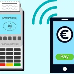 Terminal de pago y smartphone mostrando el símbolo del euro. La comunicación inalámbrica indica que es nfc, una forma de pago sin contacto.