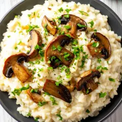 Un crémeux risotto aux cèpes, garni de champignons poêlés et de persil frais. Un plat réconfortant et savoureux.