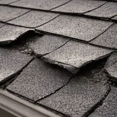 Damaged shingle construction on a roof shows lifted and cracked shingles, revealing the underlayment and potential water damage.