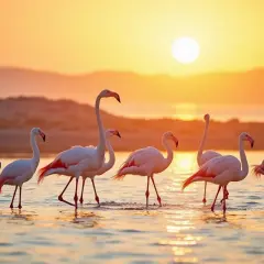 Djerba flamingi o zachodzie słońca. Różowe ptaki brodzą w płytkiej wodzie, odbijając się w złotym blasku.