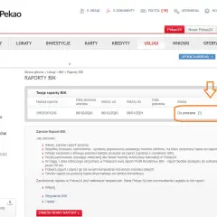 Zrzut ekranu z bankowości internetowej Pekao24, pokazujący raport BIK gotowy do pobrania.