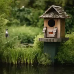 Nichoir en bois près d'une mare écologique, avec un oiseau en arrière-plan.