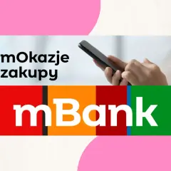 mBank API co to jest? Dwie ręce trzymają smartfon, na ekranie napis "mOkazje zakupy", poniżej logo mBank.