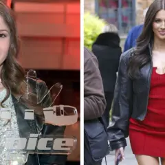Roxy Węgiel jako młoda dziewczyna z nagrodą The Voice Kids i jako dorosła kobieta w czerwonej sukience i skórzanej kurtce.