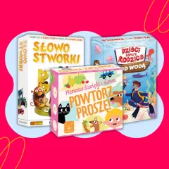 Kolorowe pudełka gier planszowych dla dzieci: "Słowostworki", "Powtórz proszę!" i "Dzieci kontra Rodzice: Pod wodą". Idealne gry 5+ na rodzinne wieczory.