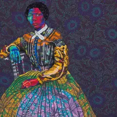 Vibrant portrait of a woman by contemporary black artists, her skin a mosaic of bold colors against a patterned background.